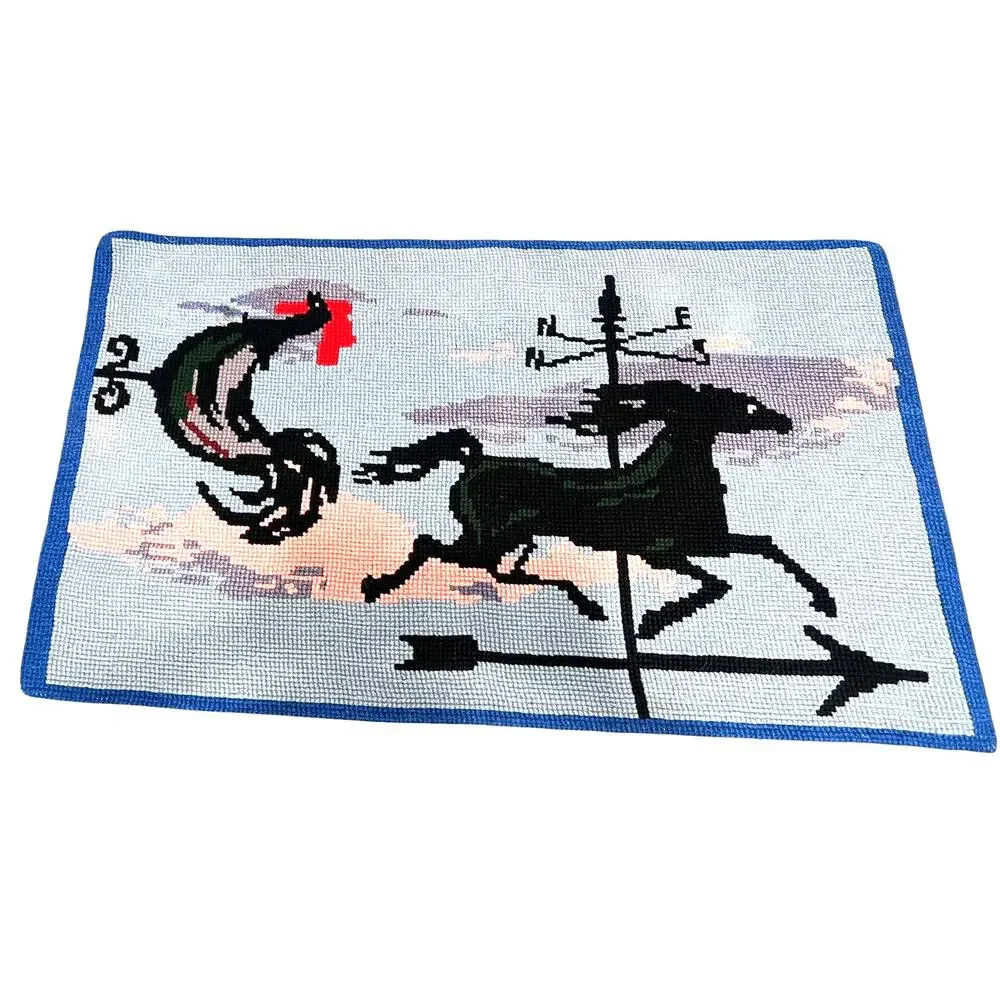 Vintage Handmade Aubusson Rug French Stitch Needlepoint horse farm rooster 51x30